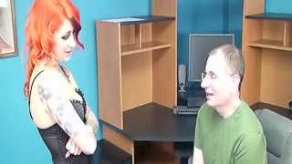 Orange haired slut with sexy tattoos sucks on his nerdy cock